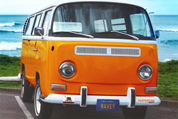 orange van with waves license plate by the beach